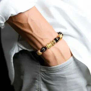 Feng Shui Bracelet - Pixiu Black Obsidian Bracelet for Wealth Lucky Chinese Coins Mani Mantra