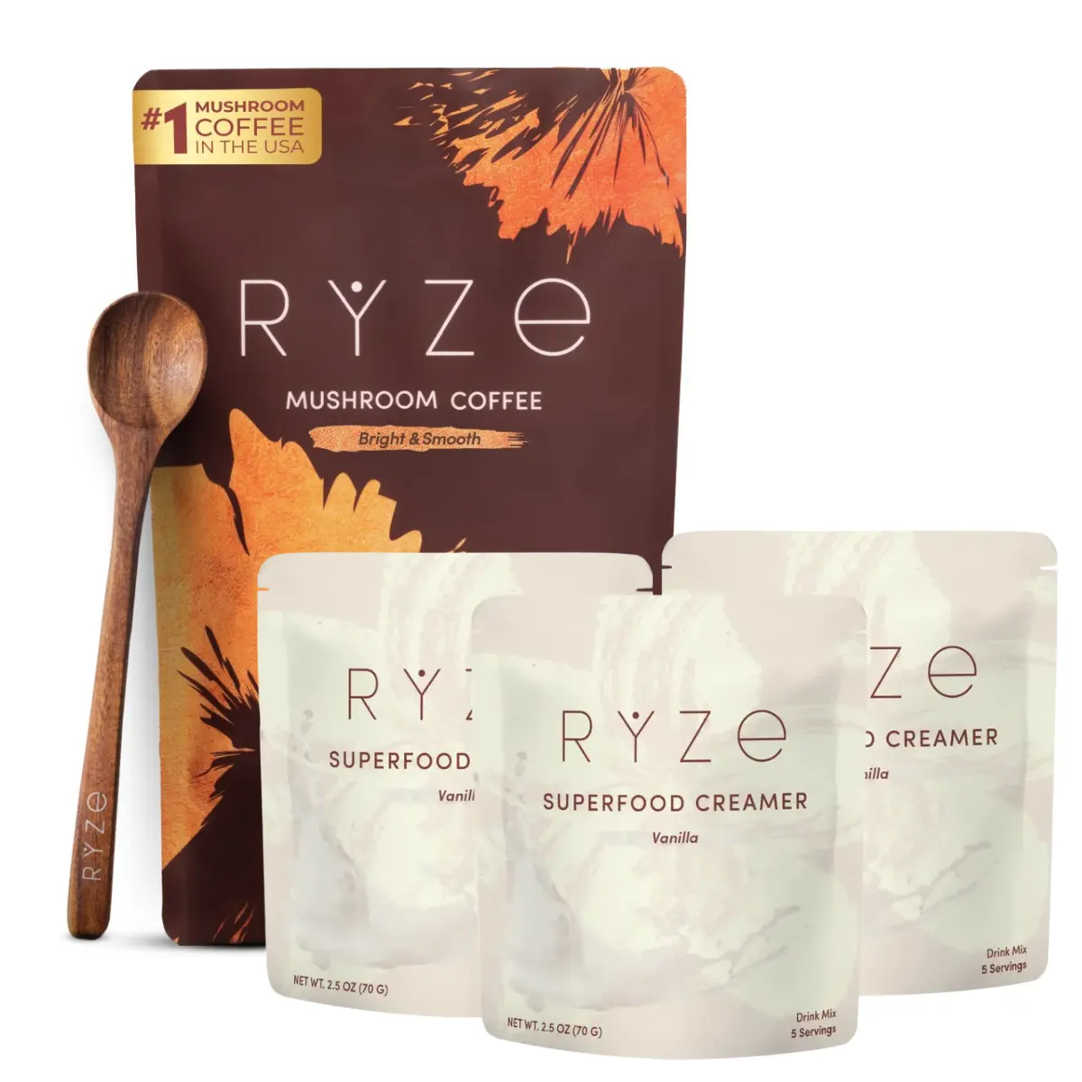 RYZE n Shine Bundle - Mushroom Coffee and Vanilla Cashew Creamer - 30 servings medium roast coffee and 15 servings cashew-based creamer