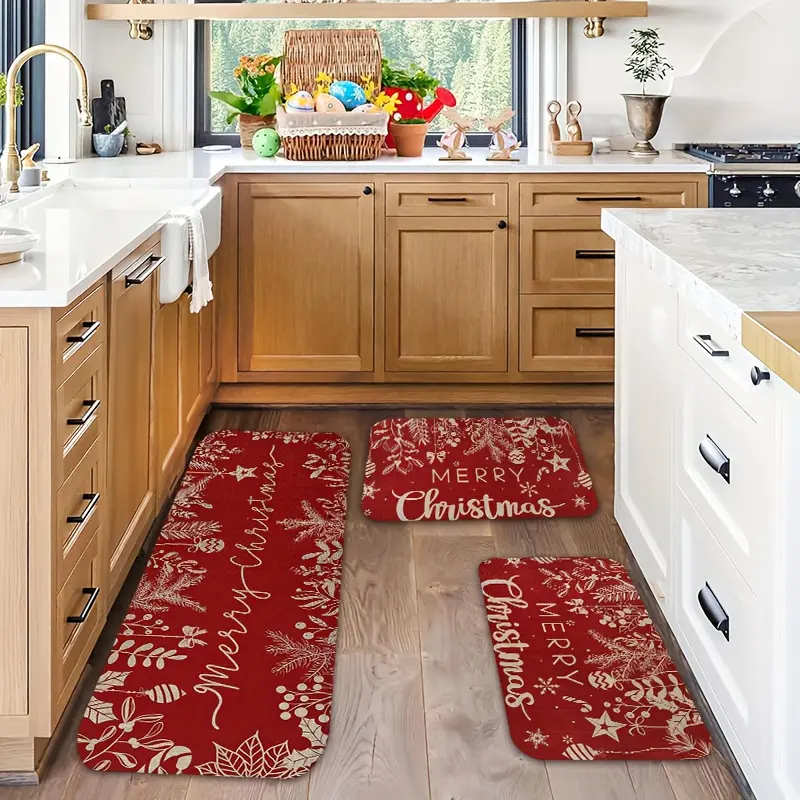 Rug Set - High Increase 2/3pcs Christmas Themed Kitchen soft Mat Set, Featuring a Red Background Adorned with Pine Branches, Snowflakes, And Candy Patterns, Creating a Strong Festive Atmosphere, Perfect for Holiday Decoration