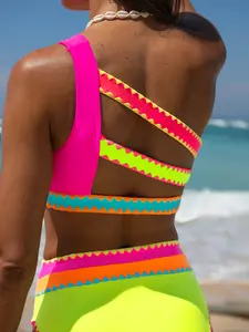 Popvil Sporty Color Block Patchwork Bikini Set,Tummy Control Neon Swimsuit with Hollow Back,High Waisted One-Shoulder Bikini Set,dealsforyoudays
