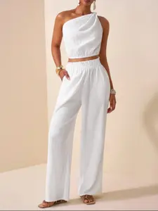 Two-piece Set Women's Solid Crop Top & Wide Leg Pants, Basic Elegant Fashion Casual Top & High Waist Trousers for Daily Outdoor Wear, Women's Clothing for Summer, Womenswear