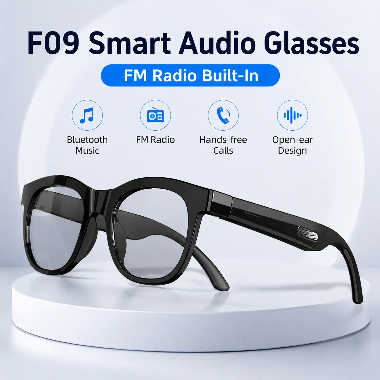 F09 Smart Audio Glasses| Bluetooth Music Glasses with Built-In FM Radio| Hands-Free Calls| Open Ear Speaker| Stylish Smart Eyewear