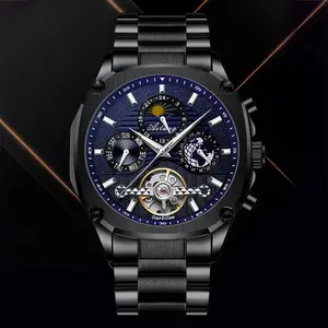 Ailang Men's Automatic Mechanical Watch Waterproof Tourbillon Luminous Calendar Multifunctional Moon Phase Display Fashion Tideway Wristwatch