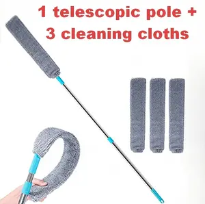 Retractable Gap Dust Removal Cleaner - 61.4 inches  Extendable Duster with 3 Microfiber Fabric Cloths , Soft Bristles, Stainless Steel Locking Design, Bendable Rotating Brush, Lightweight for Delicate Surfaces & Living Room Gaps Cleaning Set