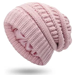 Comfort Satin Lined Knitted Beanie Hats for Women Winter Warm Stretch Slouch Cable Beanie with Satin Silk Lining