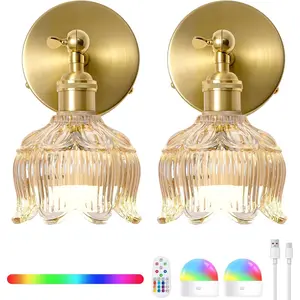 Vintage Battery Operated Wall Sconces - 5000mAh Rechargeable Dimmable Lights with Remote Control - Set of 2 Cognac Flower Glass Cordless Mounted Lighting - Wireless Powered Light Sconce for Bedroom