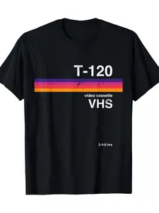 Men's retro VHS tape pattern T-shirt -80 s and 90 s nostalgic wind 200g heavyweight 100% cotton, black with T-120 VHS and tape printing, conventional version of short sleeve casual, everyday casual, travel outfit, for young people