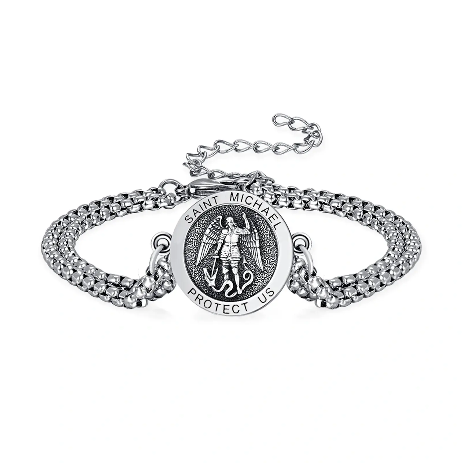 KINGWHYTE S925 Sterling Silver St. Michael/St. Christopher Men's Adjustable Bracelet