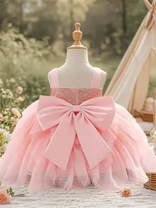 Toddler Girl's Bow Decor Ruffle Trim Sweater Dress, Cute Puff Sleeve Square Neck Knit Dress for Party Holiday Wedding Guest, Kids Clothes for Spring & Fall, Tulle Strap Dress