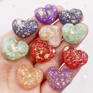 10Pcs Mixed Resin Glitter Filled Golden Foil Heart Gemstone Flat back Cabochon Sparkly Rhinestone Scrapbook DIY Wedding Applique Ornament Crafts Accessories DIY Jewelry Making Supplies