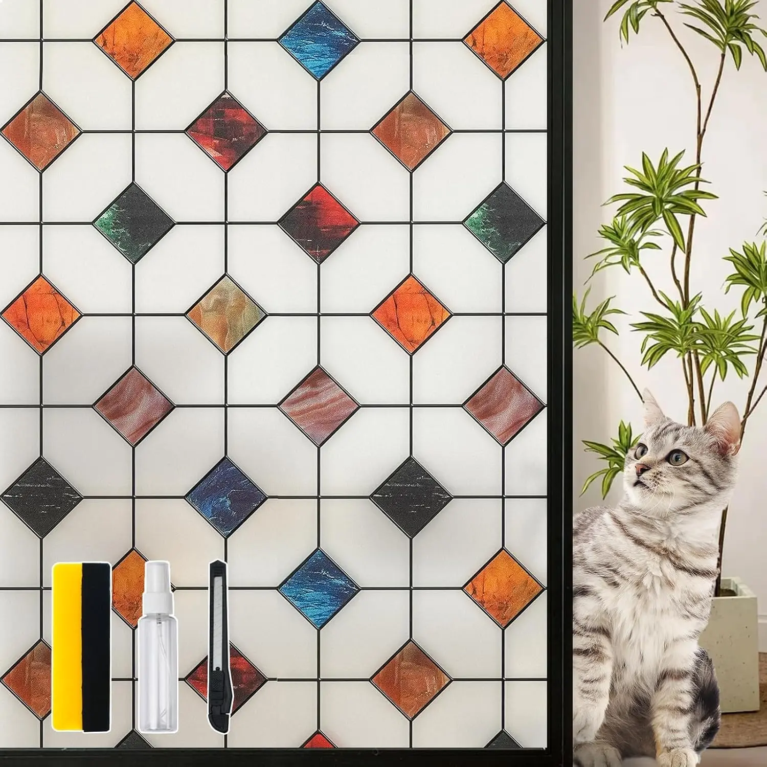 Stained Glass Window Film Geometric Patterns Waterproof for Bathroom Window Privacy Film Day and Night (S533, 17.7in X 78.7in)