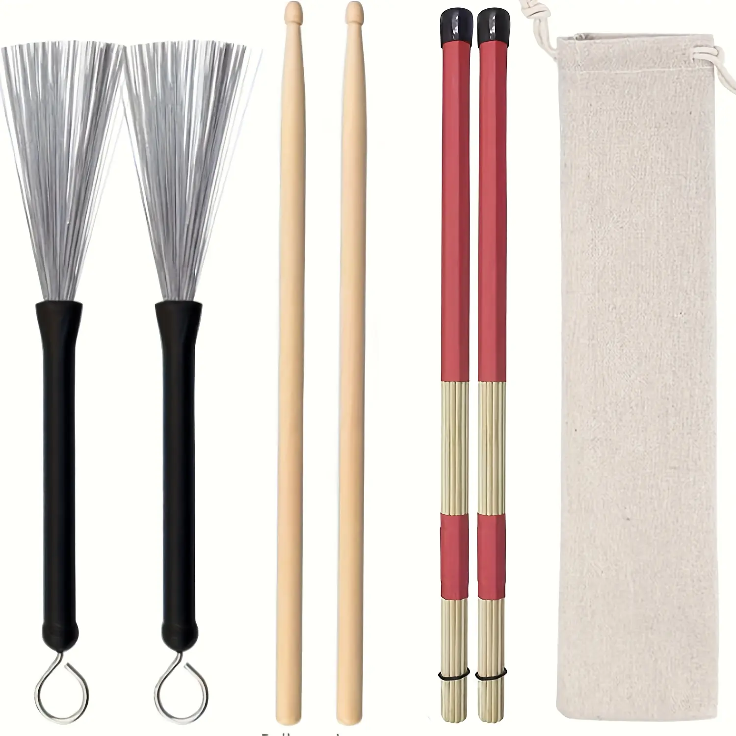 Drum Sticks Set - 1 Pair 5A Drum Sticks, 1 Pair Drum Rod Brushes Sticks, 1 Pair Drum Wire Brushes with Storage Bag for  Band, Jazz Folk