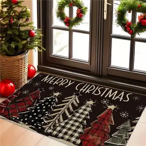 1pc Christmas Doormat with Merry Christmas Tree & Snowflake Print - Non-Slip PVC Backing, Soft Indoor/Outdoor Welcome Mat for Front Door, Holiday Home Decor - Red & Black Winter Design, Easy to Clean, Ideal for Christmas Parties & Winter Season (Durable P