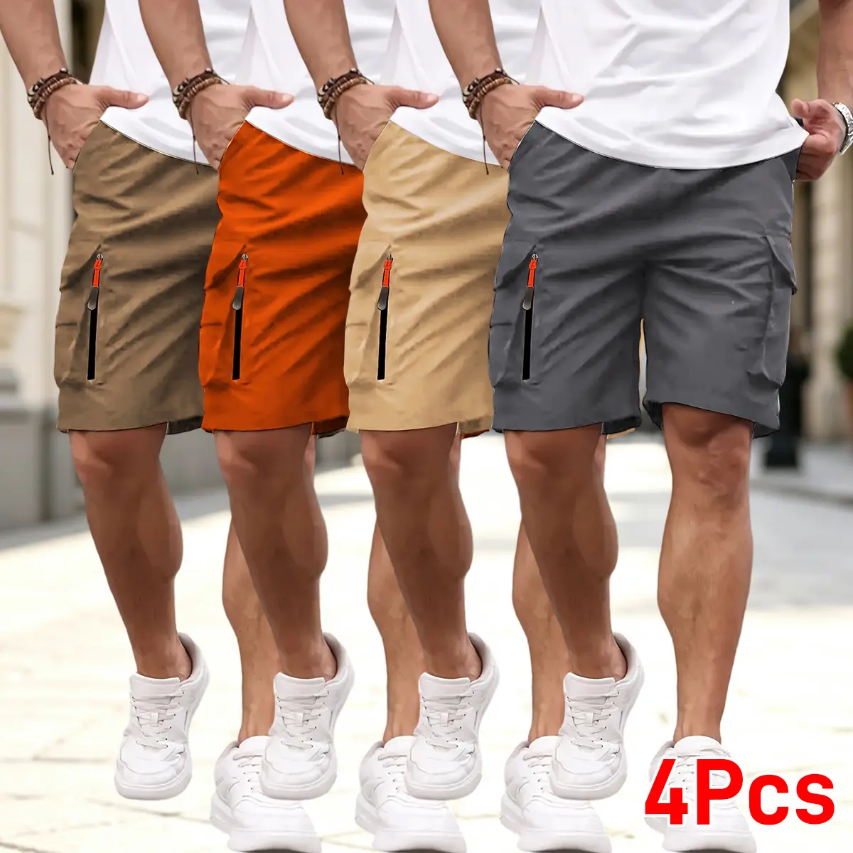 Men’s cargo shorts four-piece set — comfortable yet stylish, available in multiple colors, suitable for everyday casual wear and outdoor activities; men’s bottoms, men’s shorts—a gift for him