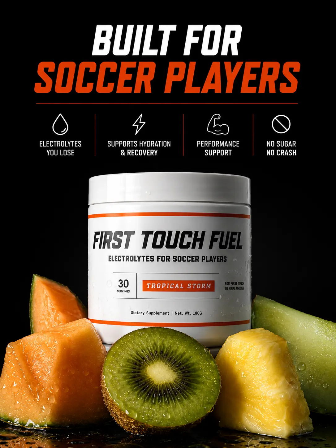 FirstTouch Fuel Tropical Storm Electrolyte Powder - Soccer-Focused, 0 Sugar, 30 Servings