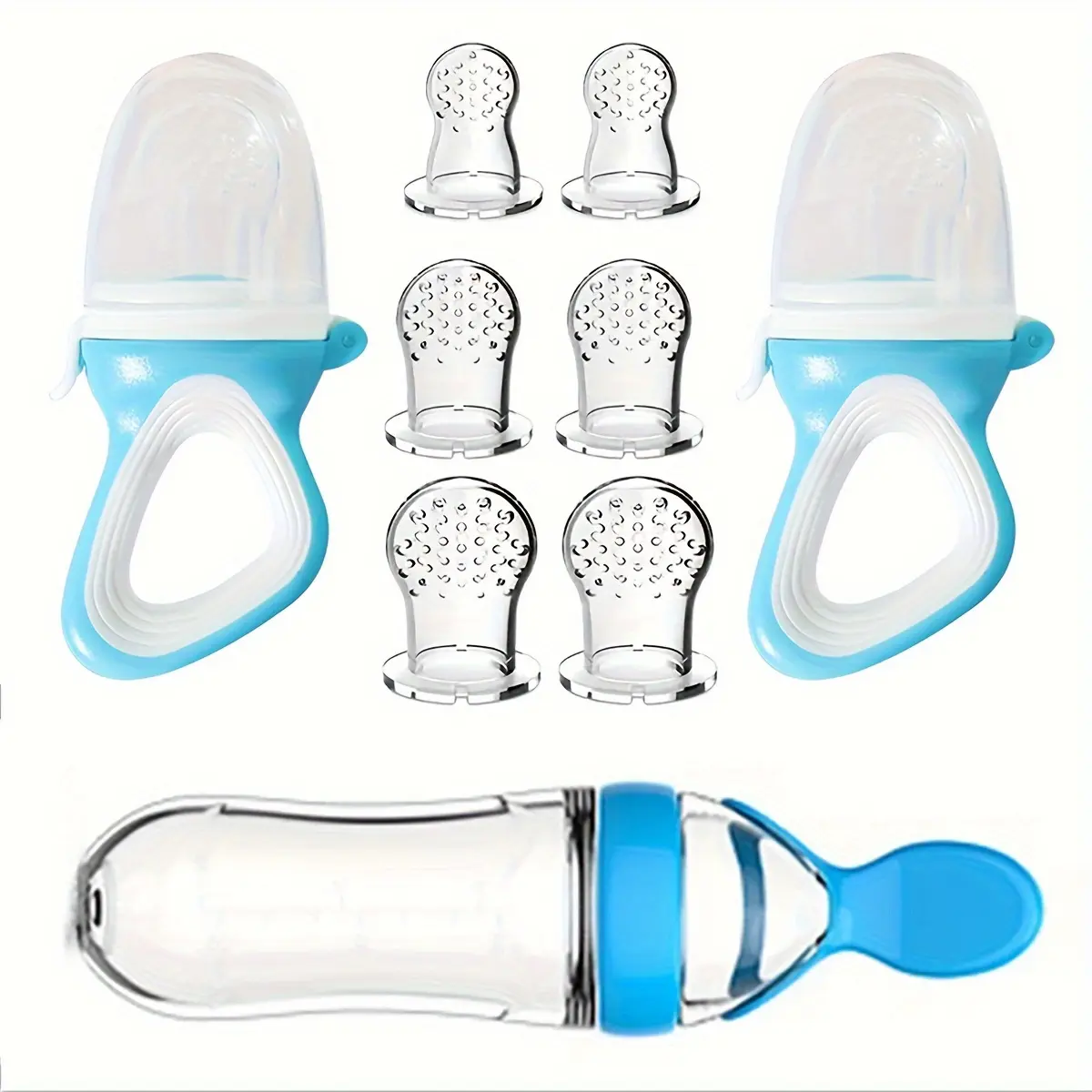 Unisex Baby Rice Cereal Feeding Set (9pcs) - 1 Rice Cereal Bottle, 2 Silicone Teething Pacifiers, 6 Mesh Bags (2 S/M/L Each), Blue Plastic Container, Easy Feeding Nursing Utensils