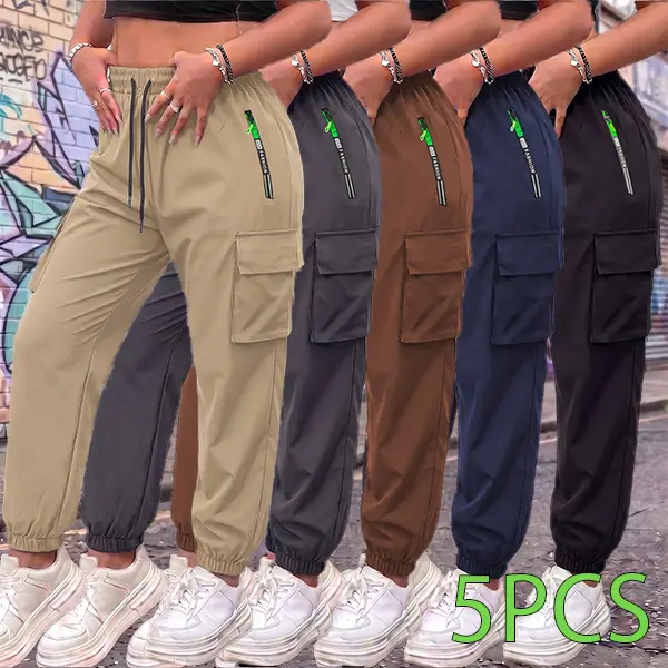 Pack of 5 women’s summer cargo jogger pants with zippered pockets, stylish large pocket design, elastic waistband with stretch, casual outdoor/everyday wear slim-fit long pants