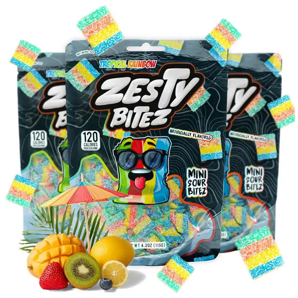 Zesty Bitez - Sour Candy Belt Bites - Thinnest Vegan Candy Strips, Super Sour Gummy Belts - Mouth Puckering Sweet Candies for Adults & Kids - Bulk Resealable Pouch, Tropical Rainbow Bites (3 Pack)