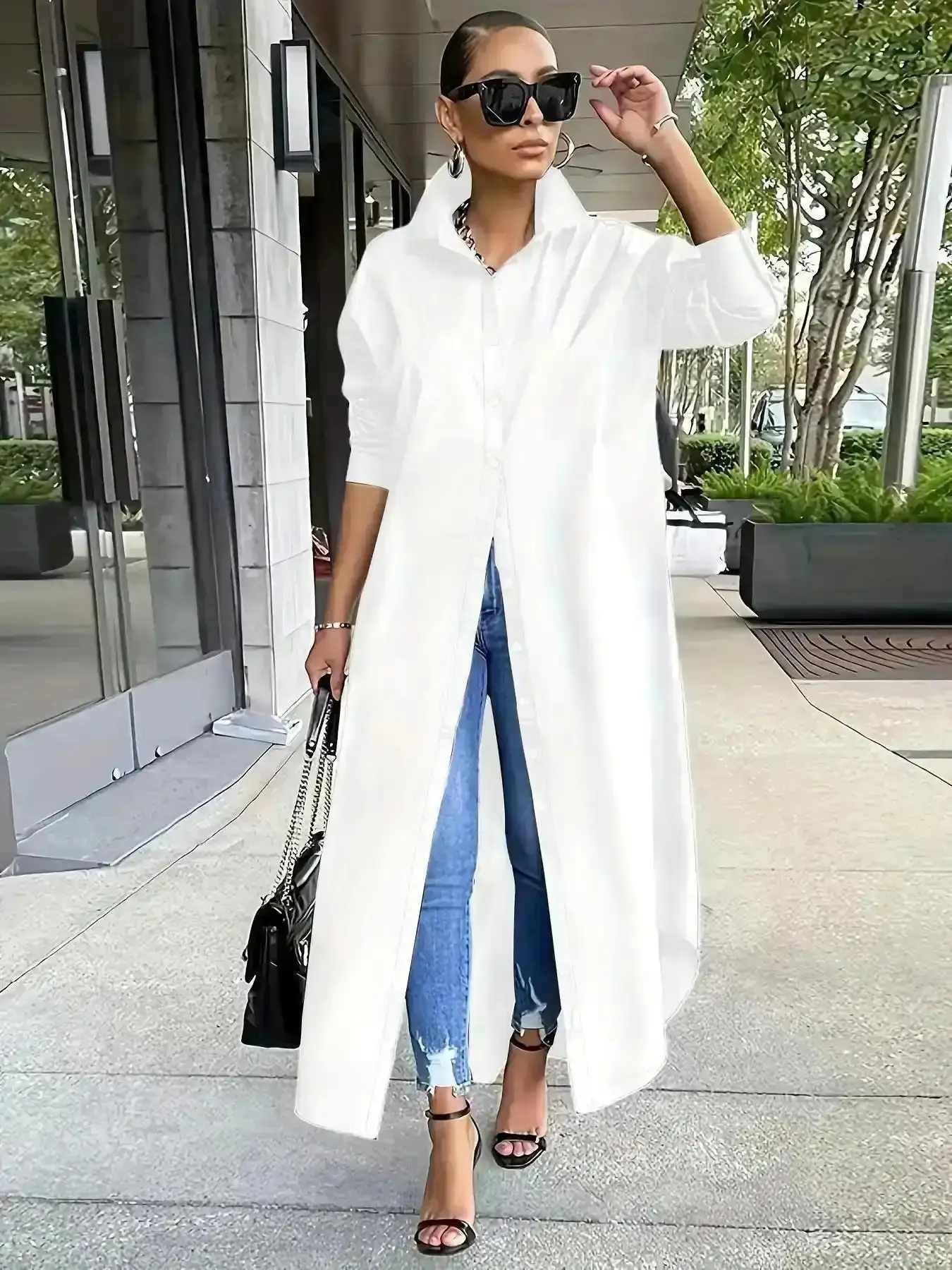 Women's Solid Button Design Longline Shirt, Casual Chic Minimalist Long Sleeve Outerwear for Daily Wear, Ladies Clothes for All Seasons, Longsleeves Top Fashionable Comfortable Trendy Stylish Everyday