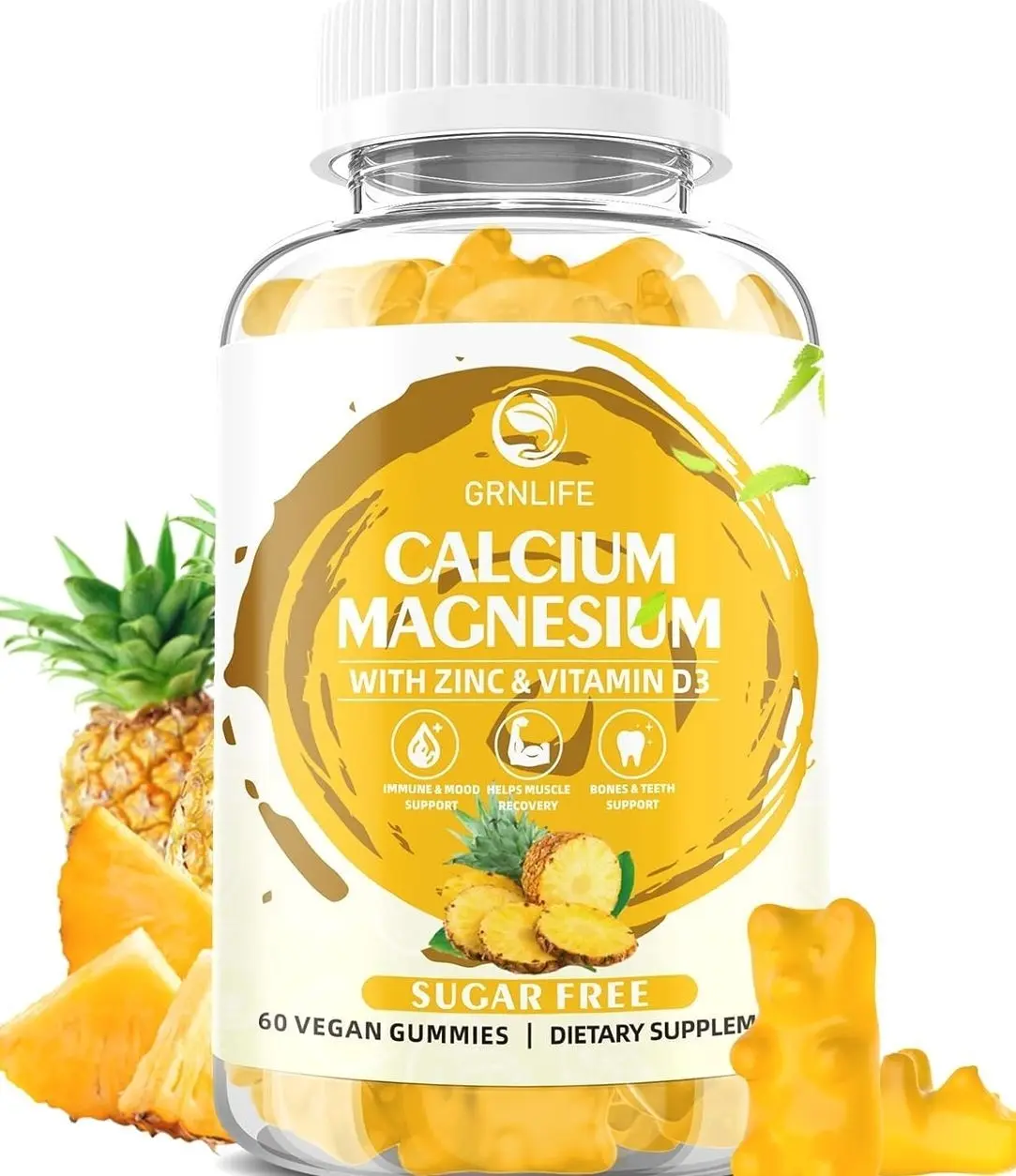 Calcium Magnesium Zinc Gummies with Vitamin D3, Sugar Free Calcium Gummies for Women Men, High Potency Magnesium Gummies for Bone & Muscle & Immune Health, Pineapple Flavor - 60 Count
