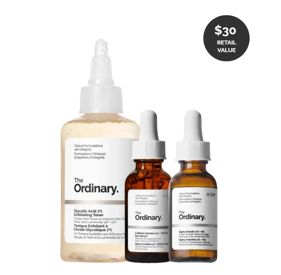 The Ordinary The Bright Set, 3-Step Regimen for Radiant, Even Skin Tone with Glycolic Acid 7% Exfoliating Toner, Alpha Arbutin 2% + HA, and Caffeine Solution 5% + EGCG | Skin Care Set