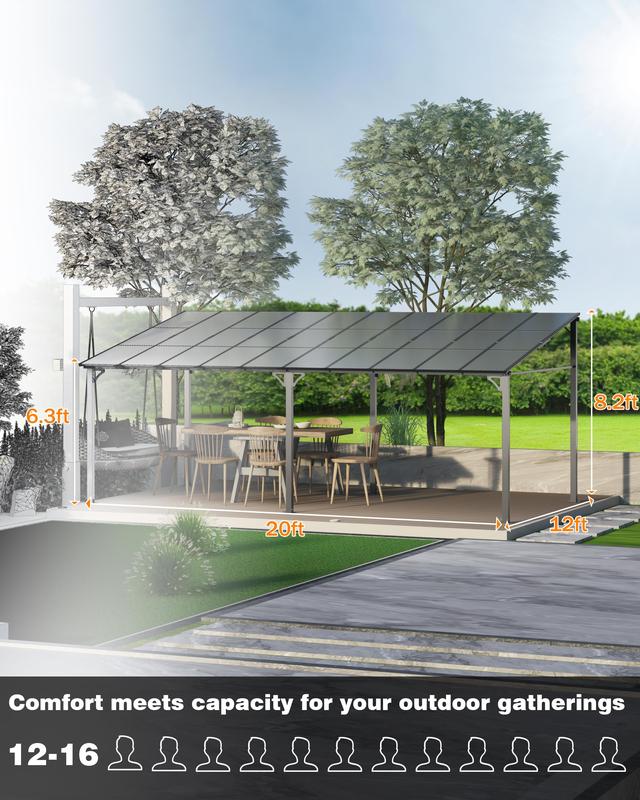 GARVEE 12' x 20' Gazebo, Hardtop Wall Mounted Gazebos Pergola, Outdoor Free Standing Lean to Gazebo Pergola with Metal Frame, Large Wall-Mounted Heavy Duty Awnings for Deck, Porch, Patio, Backyard