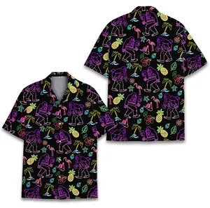 Neon Bigfoot Hawaiian Shirt For Men Women, Funny Sasquatch Flamingo & Fruits Shirt, Vacation Summer Button Down Short Sleeve Shirt