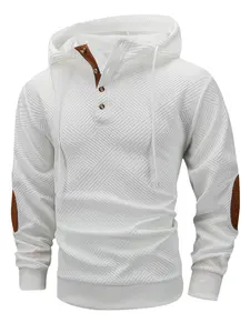 Men's Geometric Textured Hoodie Sweatshirt, Contrast Leather Patch, Loose-Fit Pullover for Fall Winter, Casual Business Top