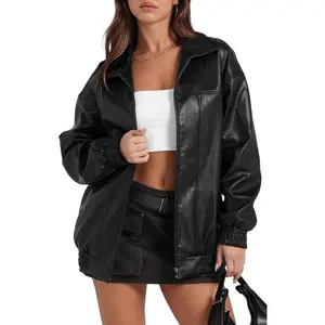 Leather Jacket Women Faux Oversized Motorcycle Bomber Coats Fall Fashion Outfits Winter Clothes Outerwear Womenswear Tops Long Sleeve autumn and winter Clothing