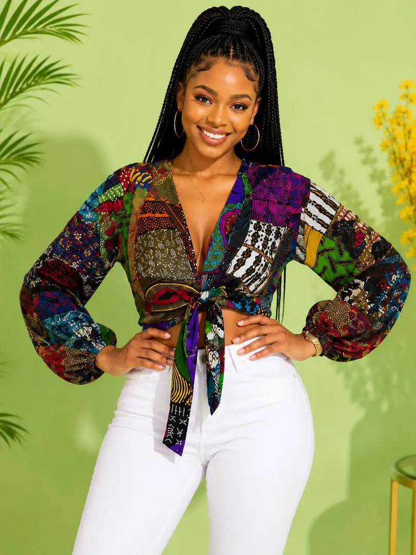 Women's African Print Tie Front Crop Top | Long Sleeve Ankara Wrap Blouse | Statement Fashion Top