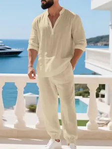 Cross-Border Spring & Fall American Style Loose Linen Breathable Casual Trend Hawaiian Home Commute Henley Henry Shirt Long Sleeve Pants Set