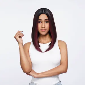 13-Inch Black Ombré (Dark Cherry Ends) Straight Synthetic Wig | 【Heat Resistant】【Cap Included】 | #27 FSGB
