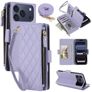 HISTORYOO 9 Cards Slots Holder Wallet Case For iPhone 17 Pro Max 16 15 Plus 14 Pro 13 12 11 Handbag Luxury Large Capacity PU Leather Zipper Cash Coin Purse Bag Flip Kickstand Shockproof Full Body Protection Cover Wristlet Wrist Crossbody Lanyard Strap