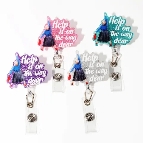 Sparkling Acrylic Retractable Badge Holder with "Help is On The Way" Design, Badge Reels, 360° Rotating Alligator Clip, 4-Count Identification Supplies for Nurses, Nurse Accessories, Teacher Office Essentials Funny Gift