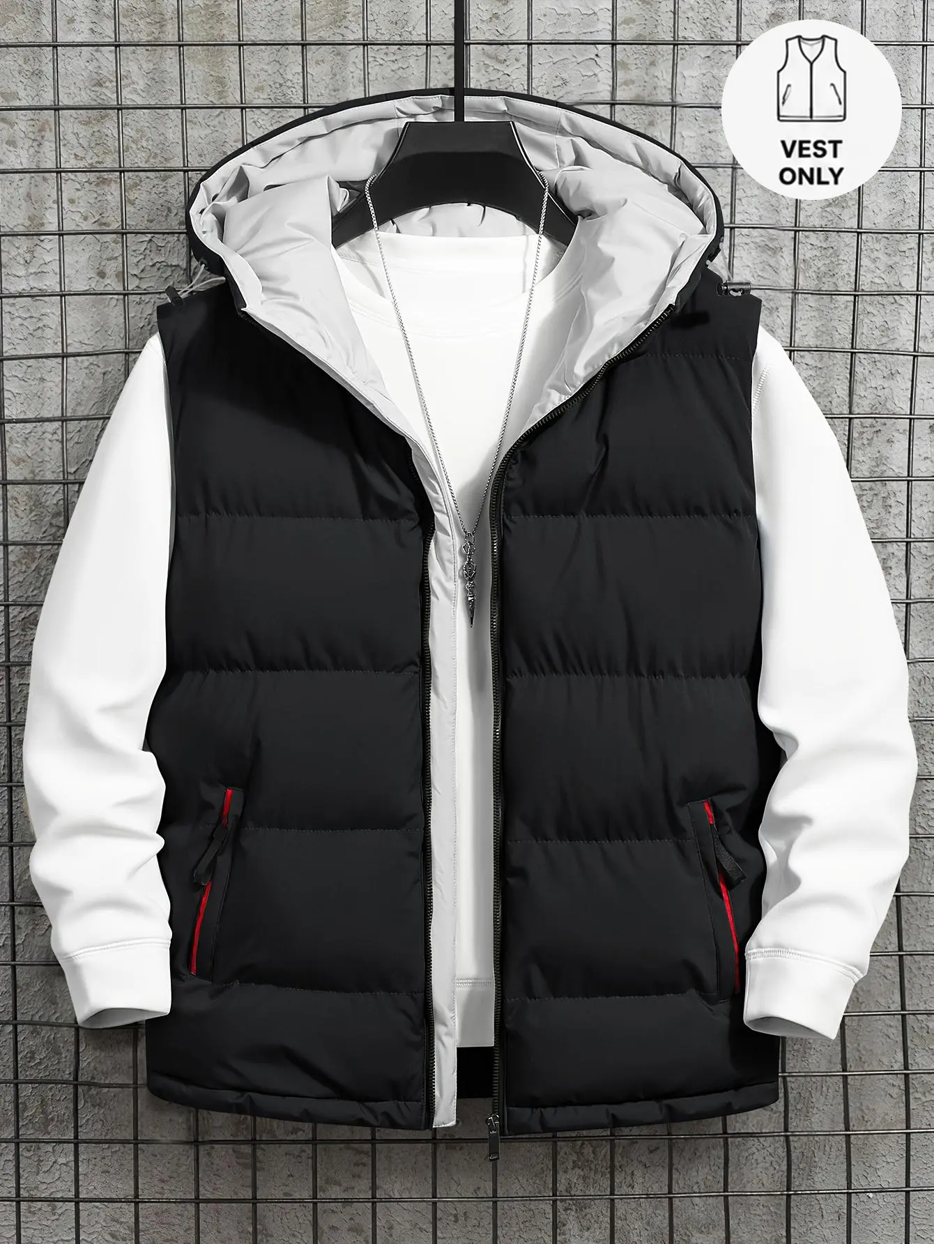 Men’s versatile hooded casual vest, thick and warm sleeveless jacket suitable for cold weather and everyday wear, slim fit that enhances a slimmer silhouette (single outer layer, no inner lining).