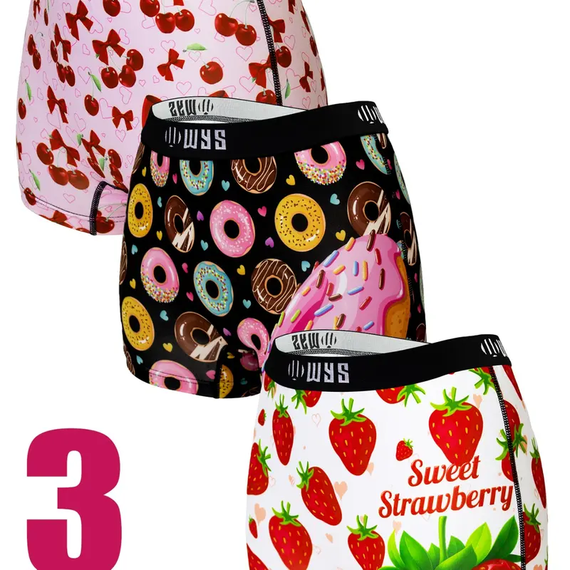 Women's Sports Briefs Set of 3, Comfortable Breathable Elastic Sport Underwear, Digital Fruit Prints, Ideal for Gym Yoga Running Swimming, Skinny Graphic Digital Printing Shorts Set