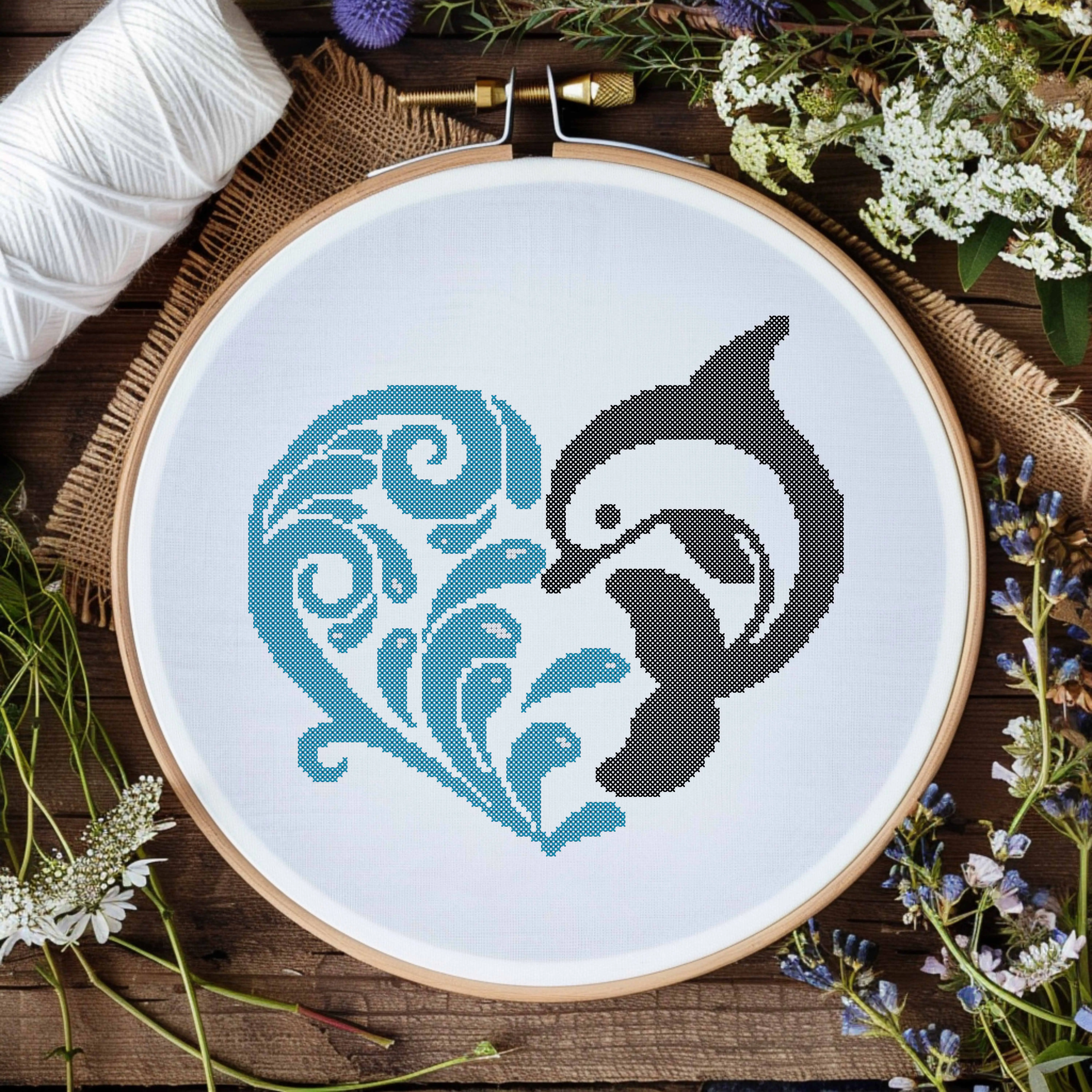 Dolphin Porpoise Heart Water Splash Beach Art Counted Cross Stitch Pattern KIT
