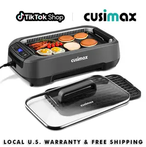 CUSIMAX Smokeless 1500W Electric Indoor Grills - Korean BBQ Style with Small Footprint, Non-Stick Removable Plate, LED Display Screen, Tempered Glass Lid, Grill Rack, Grey for Indoor Cooking, Summer Use