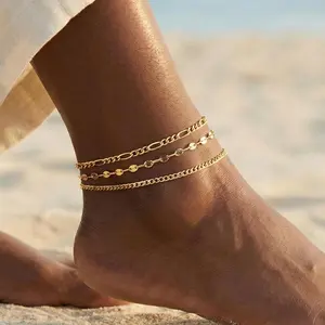 Aprilery 3PCS Layered Anklet Set for Women Gold Tone Summer Beach Foot Jewelry Personalized Boho Ankle Bracelets Waterproof Adjustable Link Chain Set for Vacation Birthday Gift
