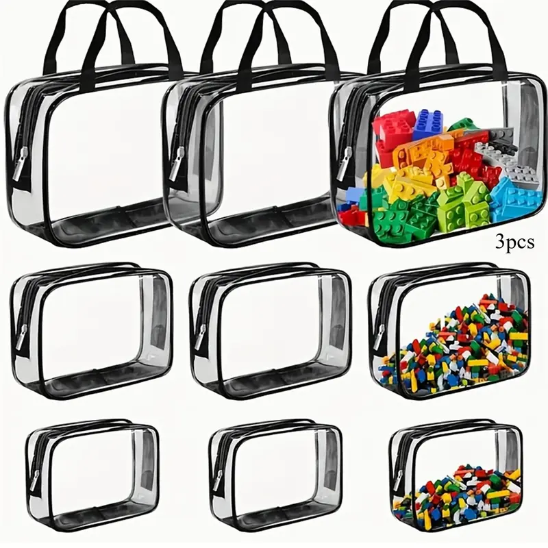 Clear Toy Storage Bag, 3 Counts Waterproof Zipper Building Block Organizers, Portable Washable Storage Bags for Home, Office and School, Space Saving Bags Storage Supplies, Waterproof Organiser