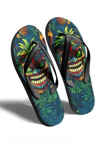 Women's Fashionable Hawaiian Style Tiki Mask Pattern Slides, Casual Comfortable Flip Flops for Beach Vacation, Summer Trendy Barefoot Shoes for Indoor & Outdoor Wear, Sandal
