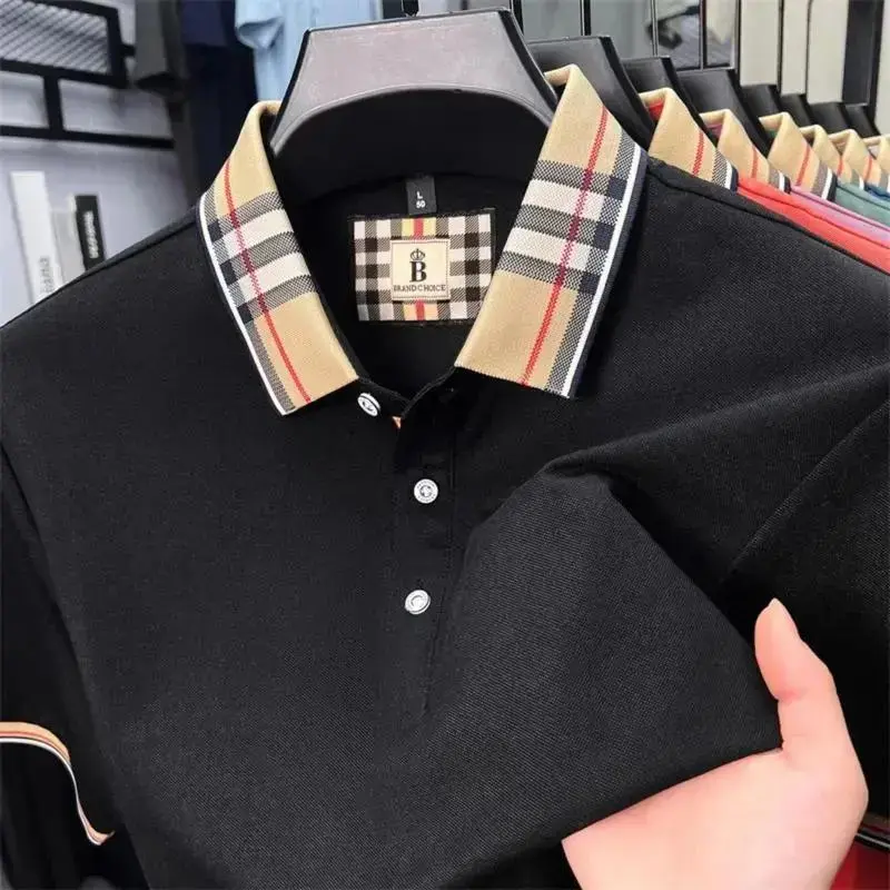 Men's Summer New Silk Cotton Breathable Fashion Top Casual Business Plaid Lapel Short Sleeve T-Shirt Lightweight Comfortable Daily Office Outfit Versatile Stylish Buttons DesignGift