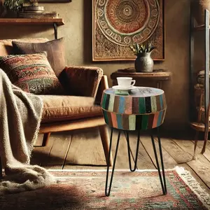 Farmhouse Hand-Carved Reclaimed Wood Side Table, Rustic Drum Round End Table with Hairpin Legs, Colorful Boho Side Table