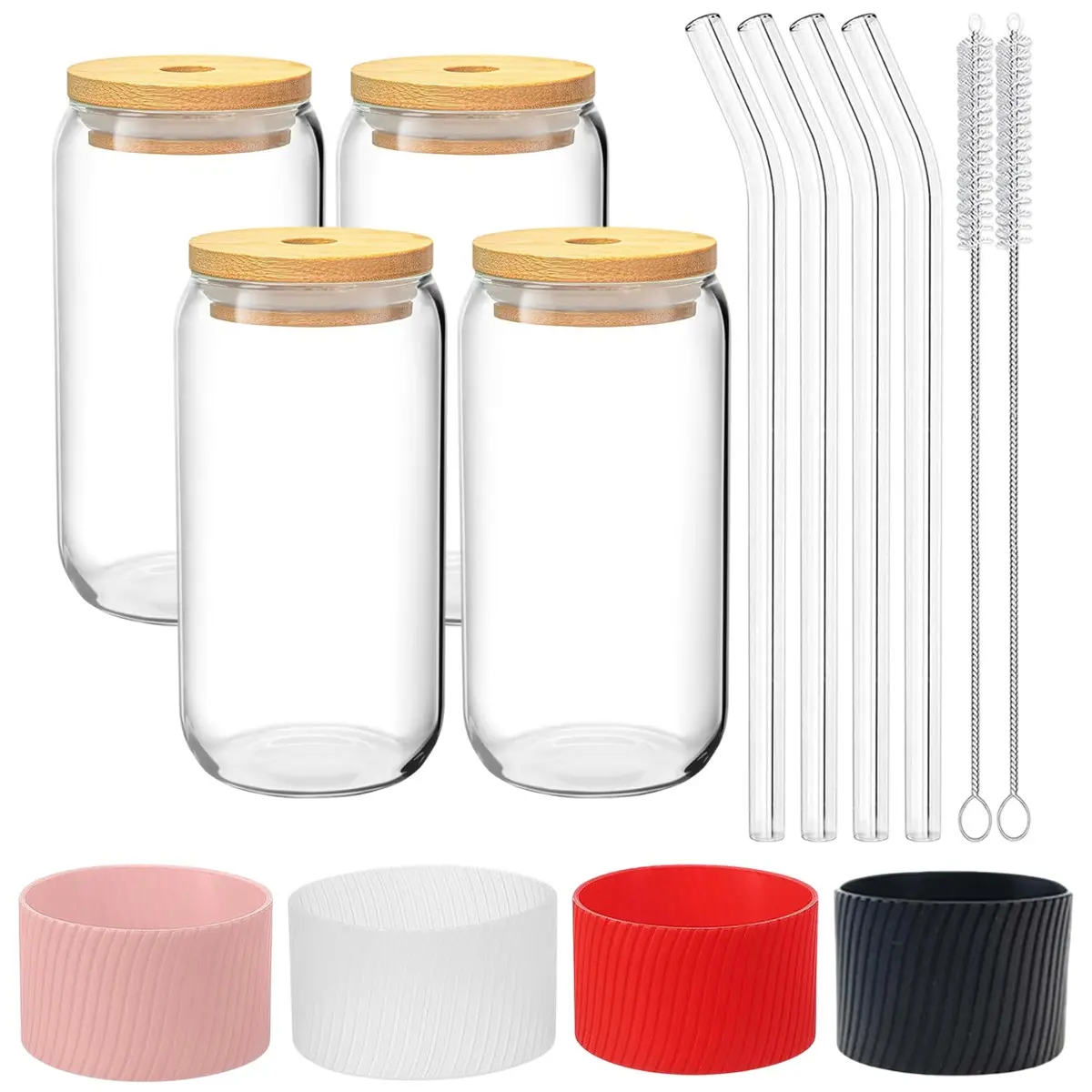 Glass Cups with Lids and Glass Straw, 1/4 Pack Beer Can Drinking Glasses, 16oz Beer Glasses, Iced Coffee Cups, Glass Tumblers Cups for Cocktail, Whiskey, Tea, Ribbed Glass Cup, Drinkware