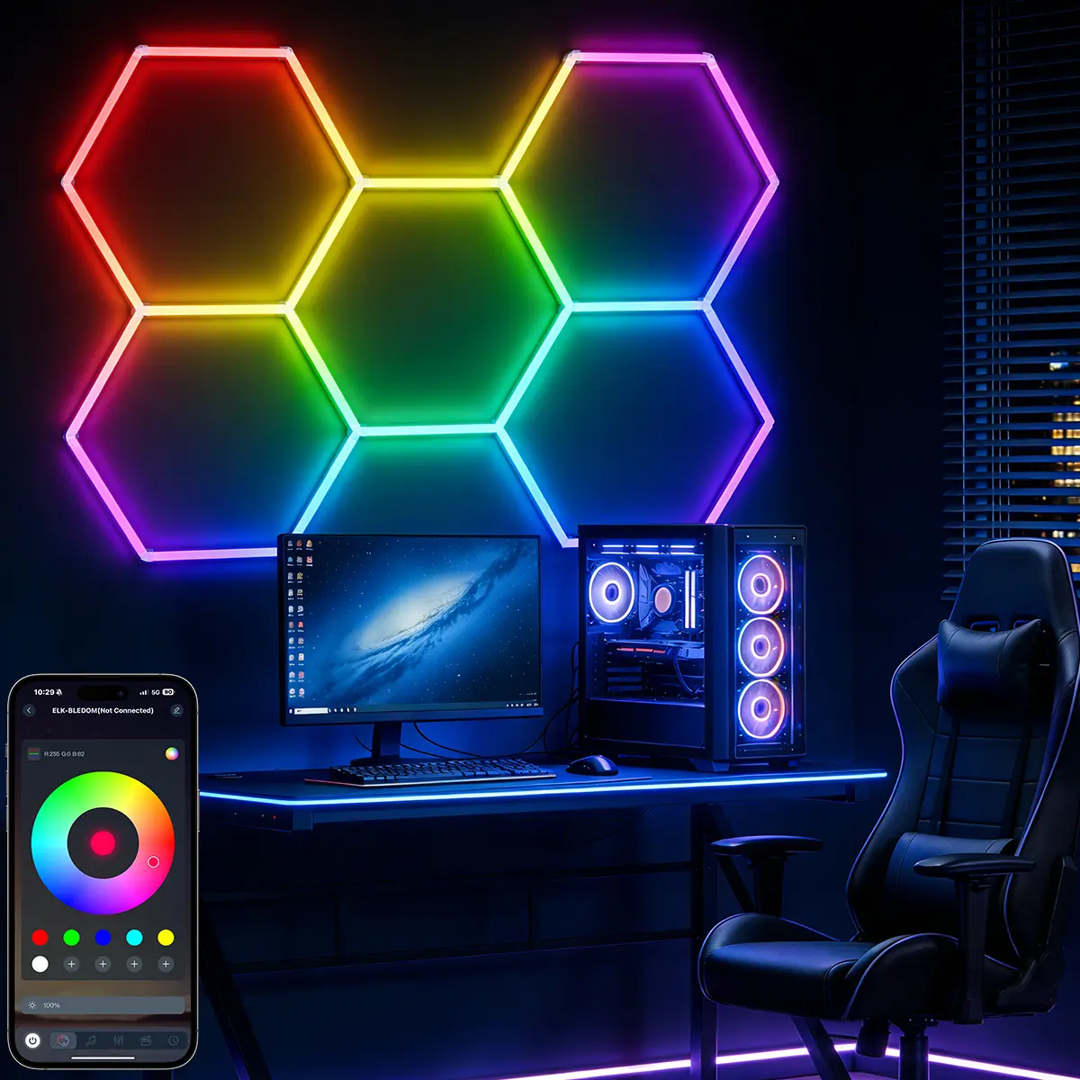 RGB Hexagonal Honeycomb Light, Modular Garage Light System, Smart LED Hexagon Garage Lights for Ceiling or Wall, DIY Color Lighting Panels Music Sync, Remote Control, Decorative Honeycomb Light Garage, Black Friday, Halloween, Christmas gifts
