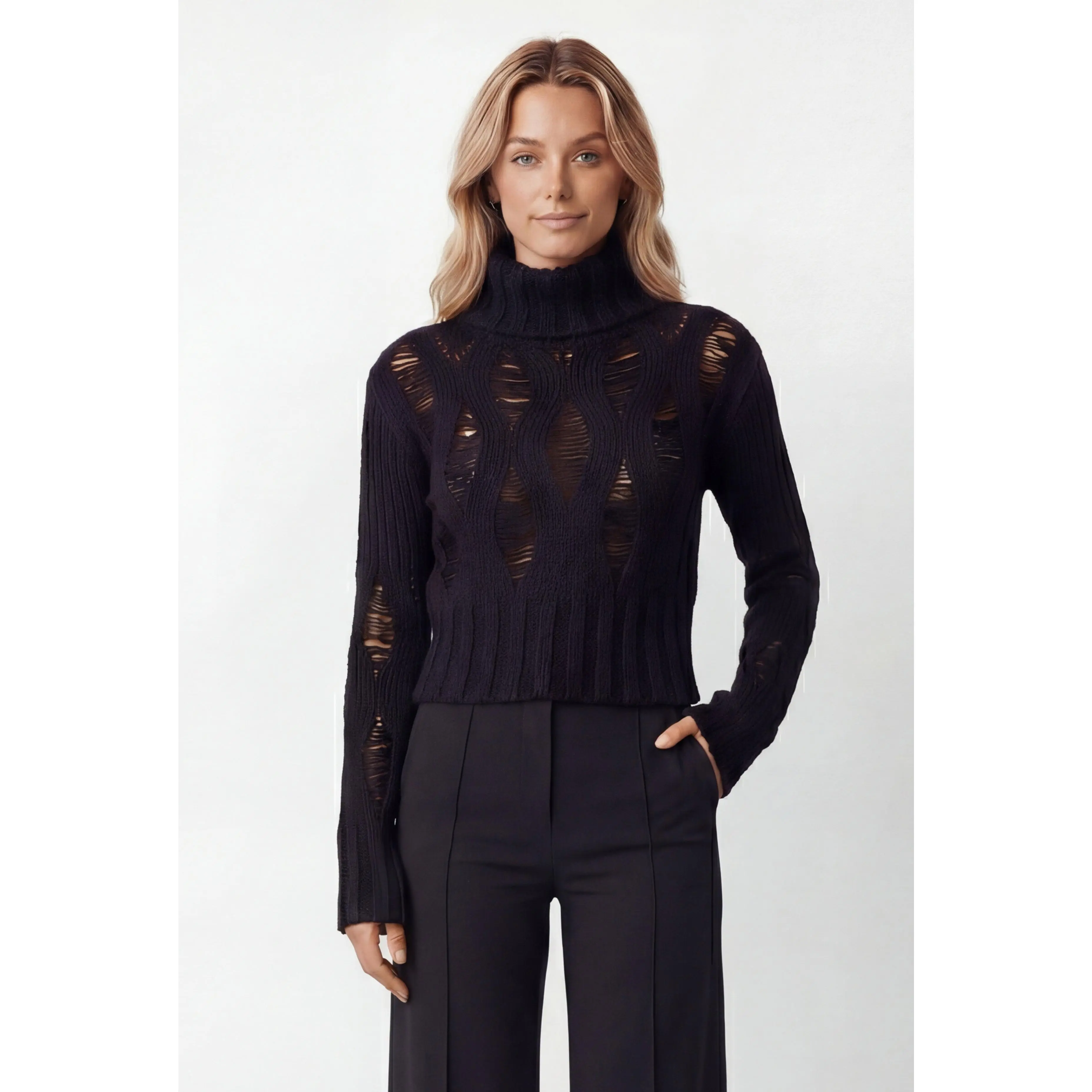 Distressed Rib Knit Turtleneck Sweater