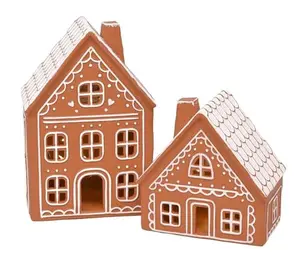 Ceramic Gingerbread LED Christmas Village Houses, 2 Piece Pre Lit Holiday Tabletop Decor, 9 Inch Lighted Houses, Battery Operated Mantel & Shelf Decoration