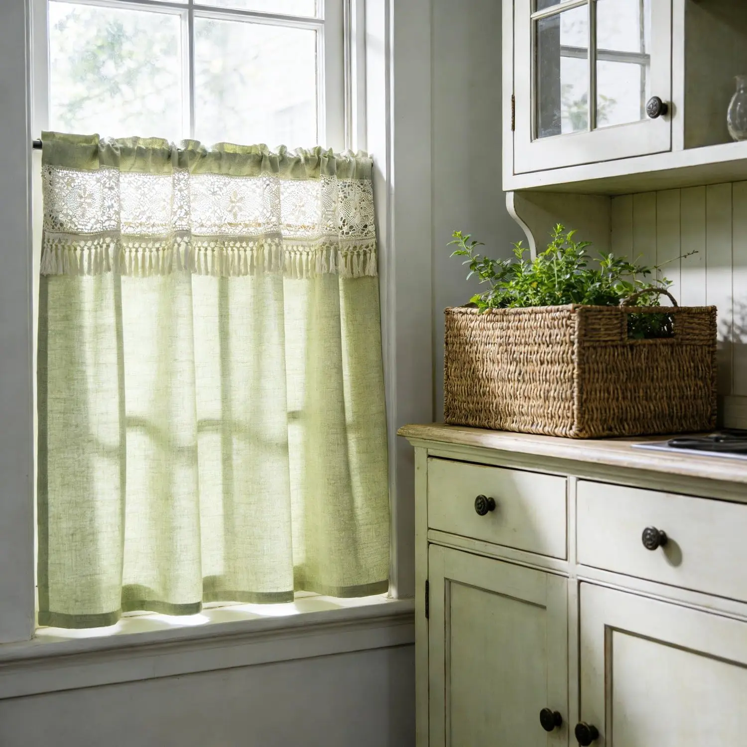 Kitchen Valance Small Short Curtain Rod Pocket 1PC Green W59 x L35 | Boho Macrame Valances for Bathroom Windows Farmhouse Light Filtering Curtain Tier for Living Room Cabinet Crochet Valance
