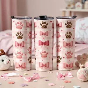 Pink Bow Paw Print Skinny Tumbler 20oz Stainless Steel Insulated Travel Cup, Cute Dog Lover Gift, Reusable Cold Drink Cup with Lid, Girly Aesthetic Animal Theme