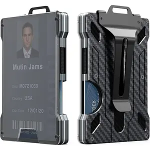 Mutin Jams Wallet For Men Slim Aluminum Metal Money Clip with 1 Clear Window ID Badge Holder RFID Blocking Holds up 15 Cards Cash Clip Ultra Thin Minimalist Carbon Fiber